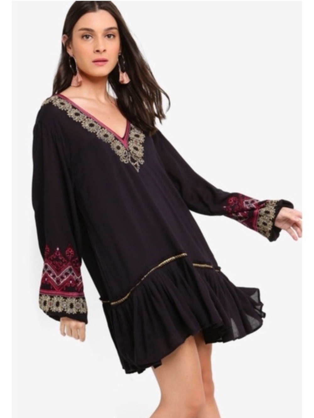 B1 Free People Black Dress with Pink and Gold Embroidery